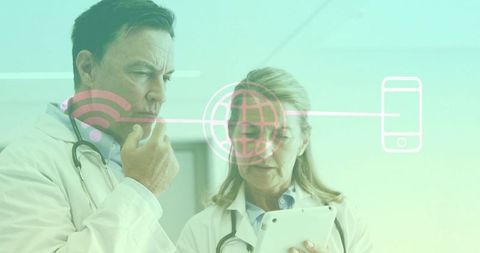 Medical Professionals Collaborating on Digital Platform with Tablet Data