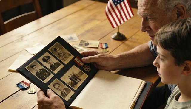 Grandfather and grandson sharing wartime scrapbook with medals and american flag