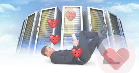 Businessman relaxing among animated hearts with servers