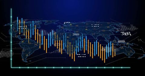 Global data visualization with bar charts and high-tech overlays