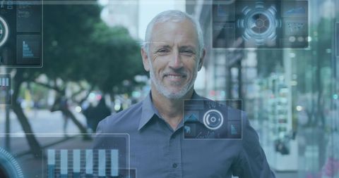 Senior Man Interacting with Digital Data Interfaces Outdoors