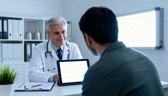 Senior physician presenting tablet to patient during consultation in modern clinic