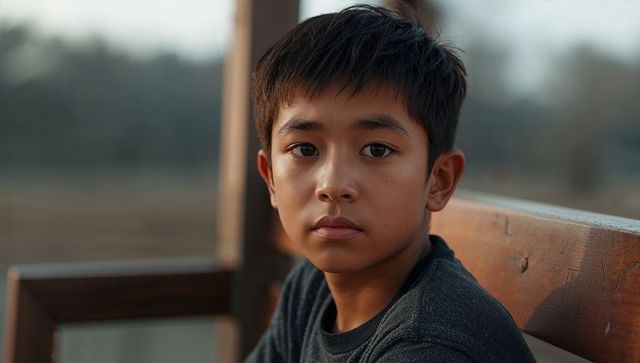 Contemplative asian teen boy sitting on wooden bench gazing into camera at golden hour