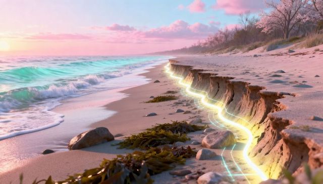 Neon ribbon tracing eroded beach ledge at pastel sunrise