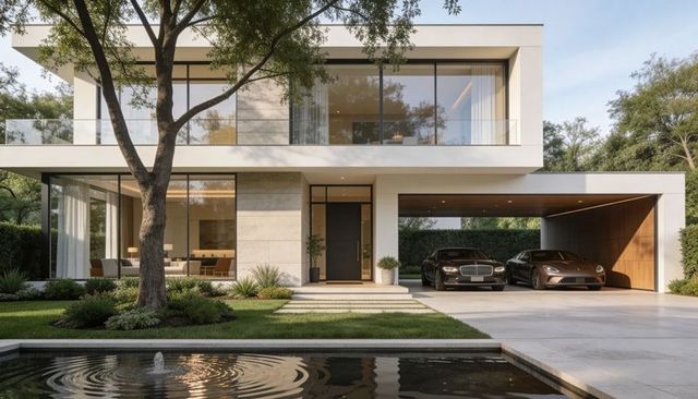 Modern cantilevered luxury house with reflecting pond, balcony, two-car carport and luxury cars