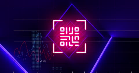 Neon QR Code with Digital Data on Dark Background