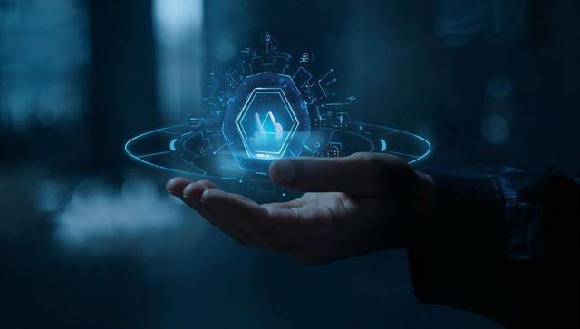 Hand Holding Neon Holographic Interface with Hexagon Rings and Futuristic AI HUD