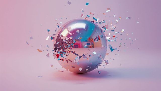Shattering Reflective Sphere with Metallic Shards in Pastel Background