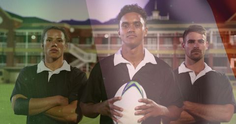 Rugby players holding ball with italian flag overlay