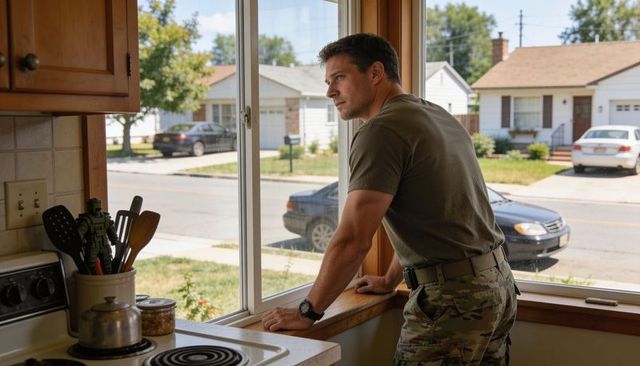 Soldier in camouflage leaning at kitchen window watching neighborhood in daylight, duty belt