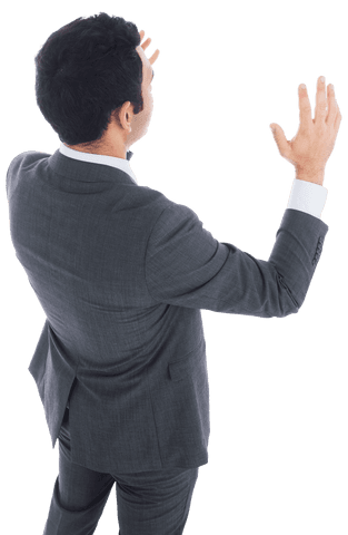 distraught businessman in gray suit with raised hands on transparent background - Download Free Stock Videos Pikwizard.com