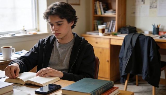 Male student reading paperback in dorm room at desk with coffee, smartphone and books