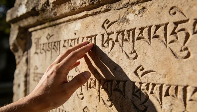 Hand tracing carved stone script in warm sunlight casting shadow on ancient inscription