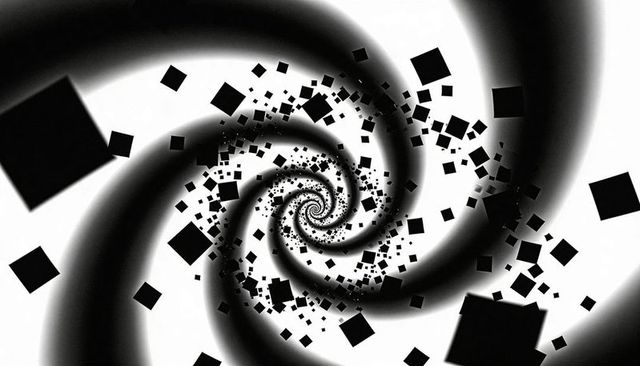 Swirling spiral vortex pulling black squares into monochrome geometric tunnel