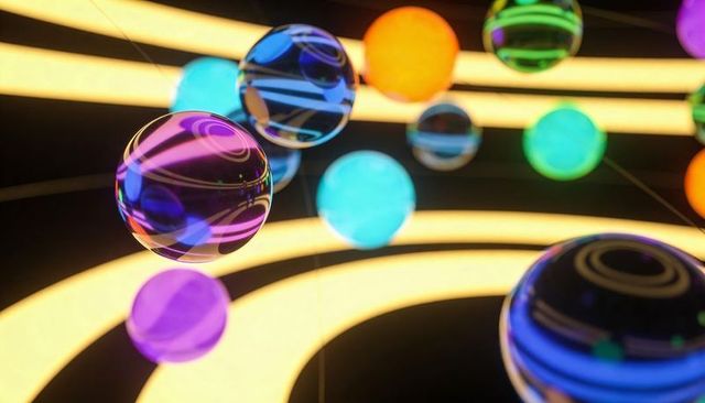 Glowing glossy orbs floating over concentric neon light bands in dim gallery installation