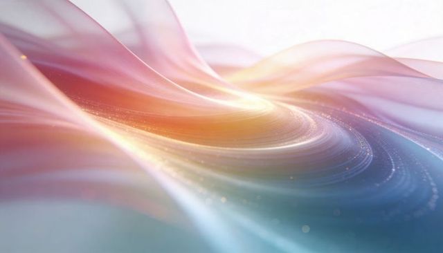 Flowing pastel ribbons forming luminous vortex with light trails and iridescent particles