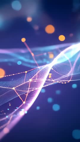 Undulating digital mesh with pulsing nodes and drifting orbs in futuristic vertical video