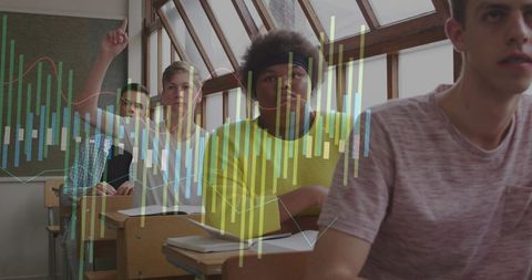 Students learning with data visualization overlay in sunlit classroom under skylight