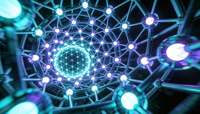 Glowing geodesic core receding through metallic lattice with neon cyan and purple nodes, futuristic