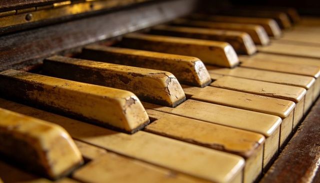 Closeup of antique piano keys revealing cracked ivory, patina, worn wood texture