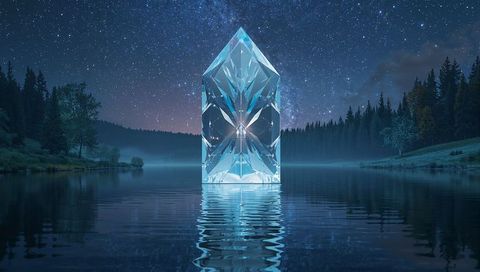 Ethereal crystal prism rising from misty lake under starry sky