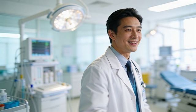 Confident physician smiling in modern hospital exam room with monitor, stethoscope