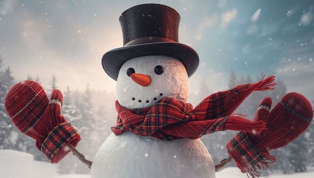 Festive snowman in snowy clearing with rustic charm