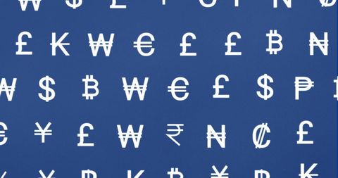 Assorted currency symbols on blue background
