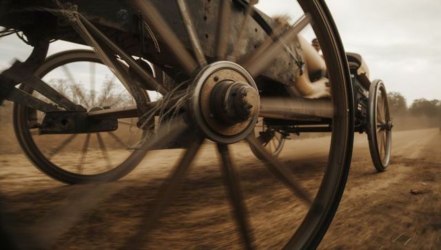 Spinning wooden wagon wheel rolling on dusty road kicking up dust with bare feet