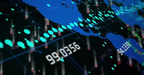 Global Data Visualization Displaying Binary Columns, Neon Grid and Numeric Readouts