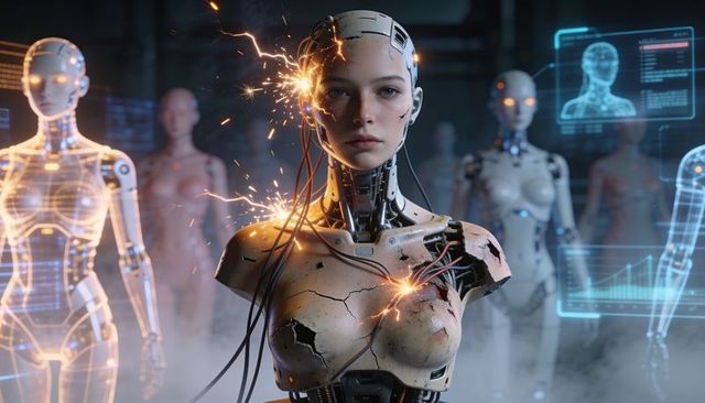 Damaged female android sparking during diagnostics in futuristic robotics lab with exposed circuitry