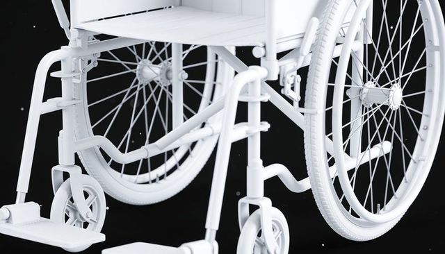 Close-up showing manual wheelchair spoked wheel, push rim, casters, tubular metal frame