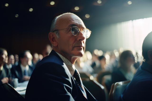 Senior businessman wearing glasses and formal attire attentively listening during a conference. This is perfect for illustrating corporate events, business seminars, leadership, and professional expertise. Ideal for use in business publications, financial services, and educational materials discussing corporate environments and professional development.