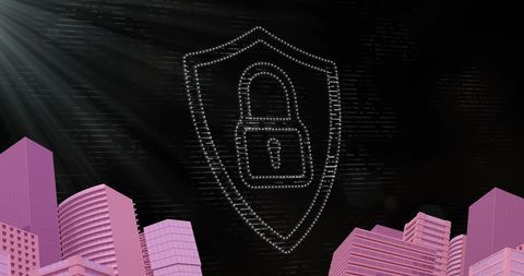 Digital security shield above stylized cityscape