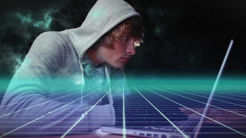 Hacker Using Laptop with Digital Interface Overlay