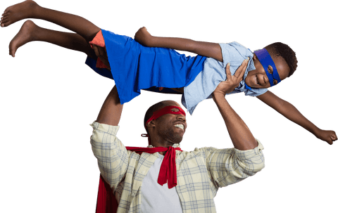Joyful Father and Son Pretending as Superheroes Transparent Background