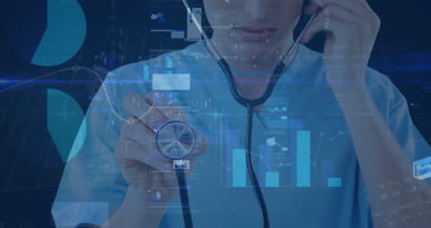 Female Doctor Using Stethoscope With Data Visualizations