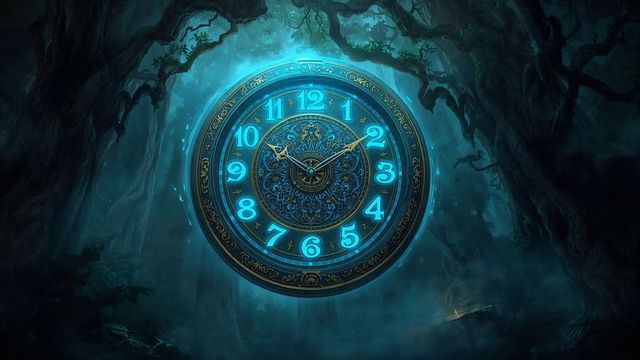 Mystical floating clock in enchanted forest