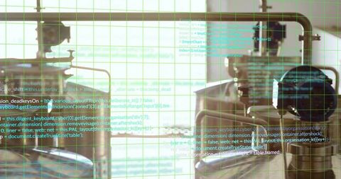 Engineers analyzing systems with digital code overlay and high-tech equipment