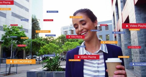 Smiling Businesswoman Navigating Digital World in Modern City