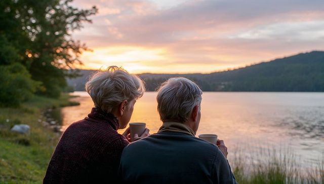 Seniors enjoying lakeside sunset while holding mugs at tranquil dusk