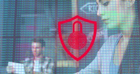 Digital security padlock with tech interface background