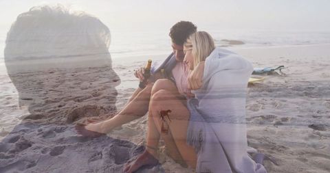 Couple enjoying romantic moment on beach at dusk with senior reflection