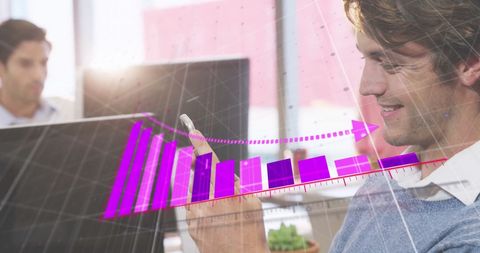 Caucasian businessman using smartphone with financial data overlay