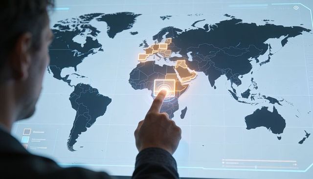 Businessman touching interactive world map screen highlighting africa and europe for strategy
