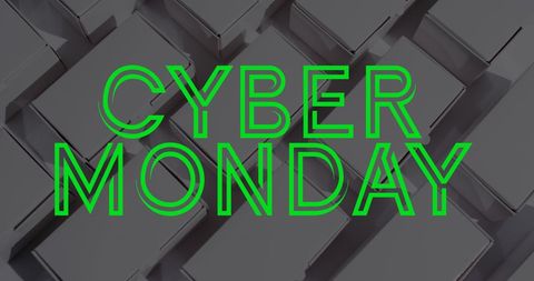 Cyber monday neon text with gift boxes background