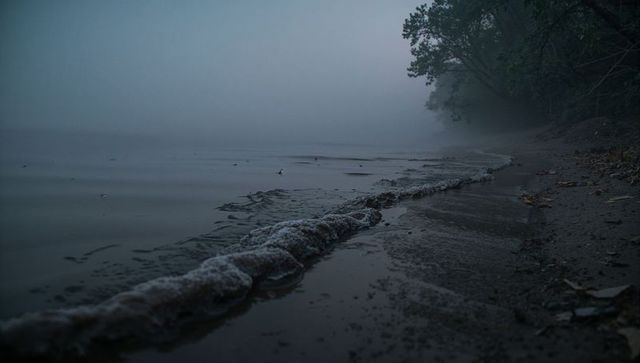 Misty lakeshore at dawn with foamy diagonal shoreline and moody twilight atmosphere