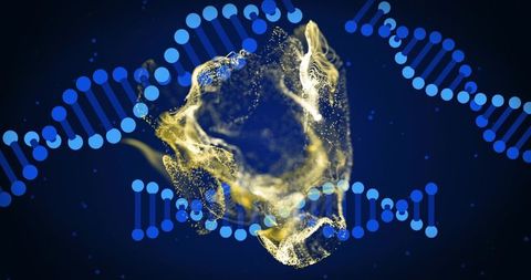 Swirling golden particle vortex with glowing blue dna helix strands for biotech visuals