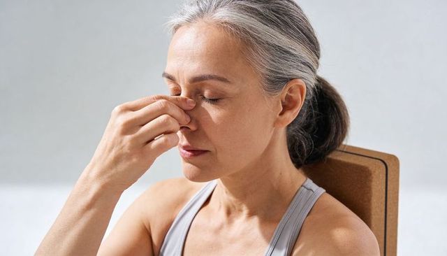 Senior asian woman pinching nose practicing breathwork and meditation for wellness