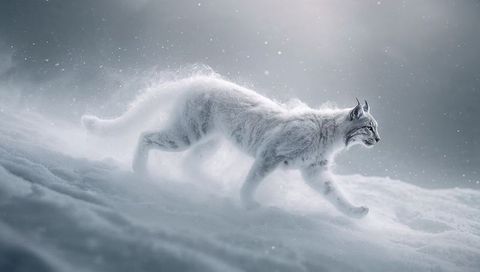 Solitary arctic lynx walking across snowy slope with frosty fur and falling snowflakes